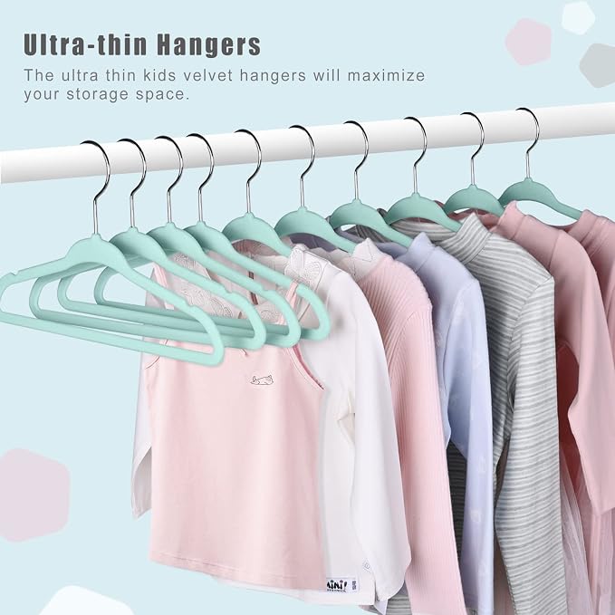 BAGAIL 50 Pack Kids Velvet Hangers 11 Inches Children's Clothes Hangers Non-Slip Baby Hangers for Infant/Toddler (Mint) - Image 5