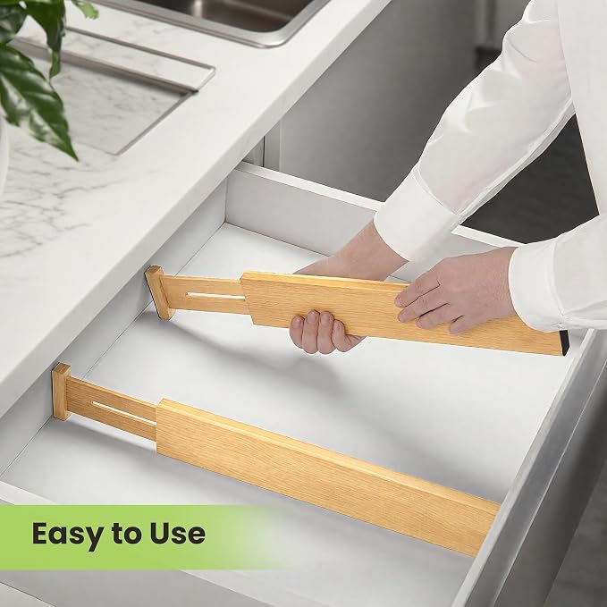 Fyvva Drawer Divider, Adjustable Bamboo Kitchen Drawer Organizer, Spring Loaded Drawer Organizer, Dresser Separators for Kitchen, Bathroom, Clothes, Office Desk Storage (Natural, 4 Pack Large) - Image 5