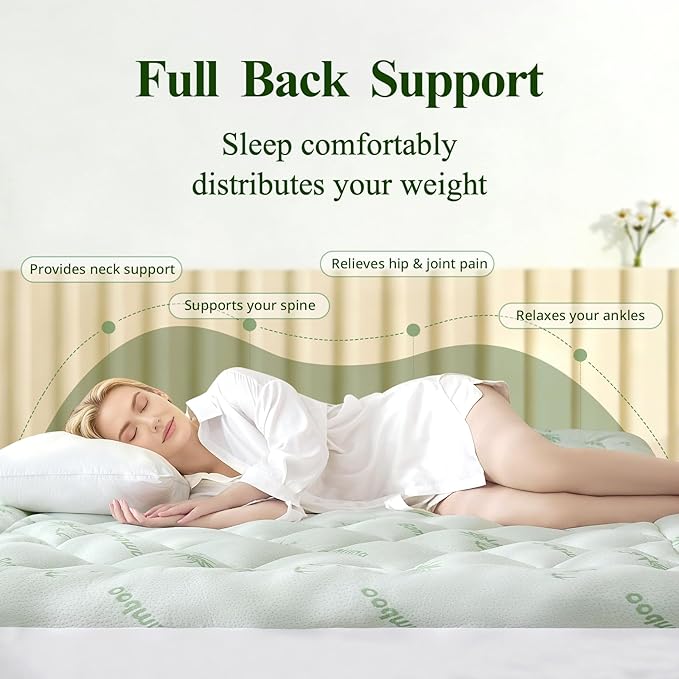 Twin XL Mattress Topper, Viscose Derived from Bamboo Thick Pillow Top Mattress Pad with Deep Pocket, Naturally Cooling for Hot Sleepers, Soft for Back Pain Relief, Premium Green