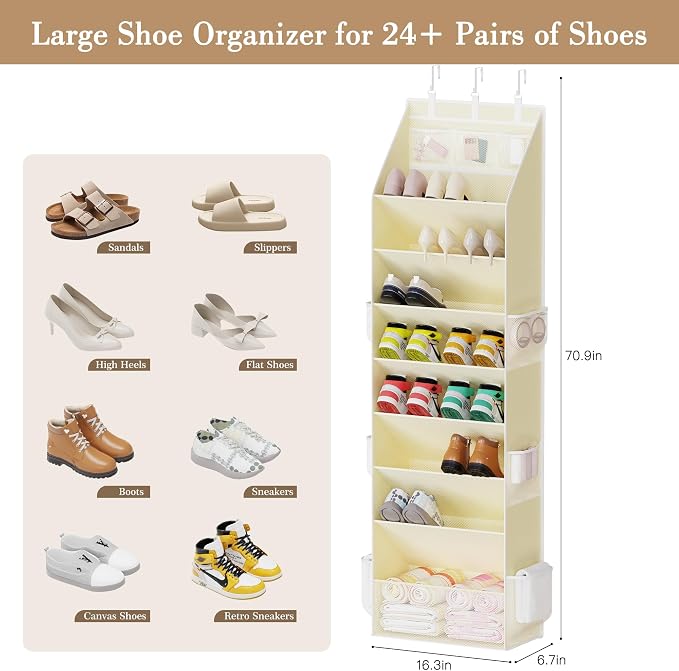 Criusia Shoe Storage, Over the Door Shoe Organizer, Hanging Closet Shoe Storage with Large Deep Pockets, Fits 16–24 Pairs of Sneakers, Sandals, Boots, Beige - Image 3