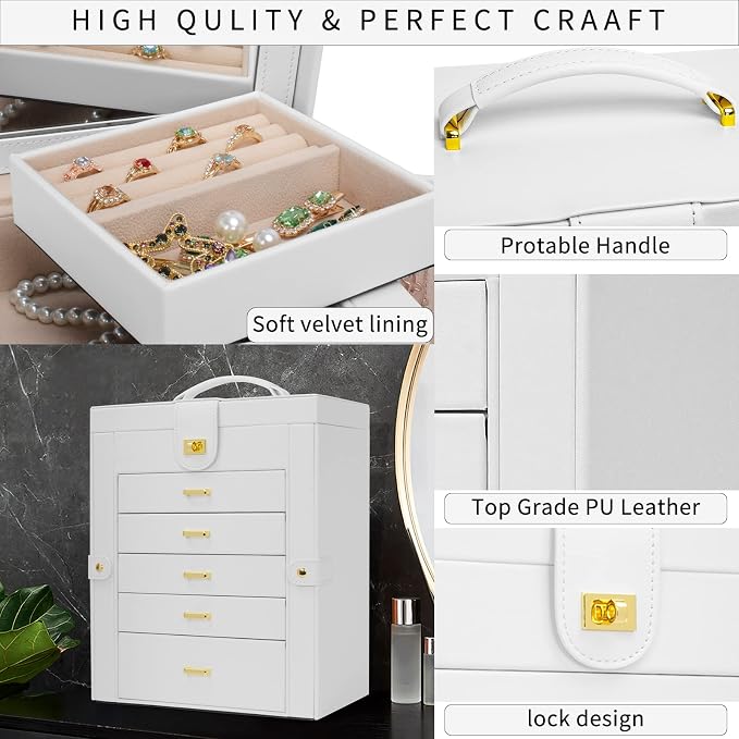 AKOZLIN Large Jewelry Box Organizer Functional with Big Mirror, Leather Jewelry Storage Case for Women Girls Ring Necklace Earring Bracelet Holder Organizer White - Image 3