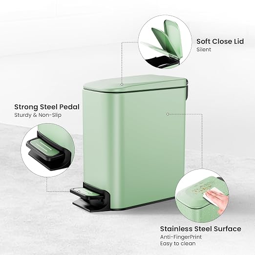 Cesun Small Bathroom Trash Can with Lid Soft Close, Step Pedal, 6 Liter / 1.6 Gallon Stainless Steel Garbage Can with Removable Inner Bucket, Anti-Fingerprint Finish (Matt Green) - Image 3