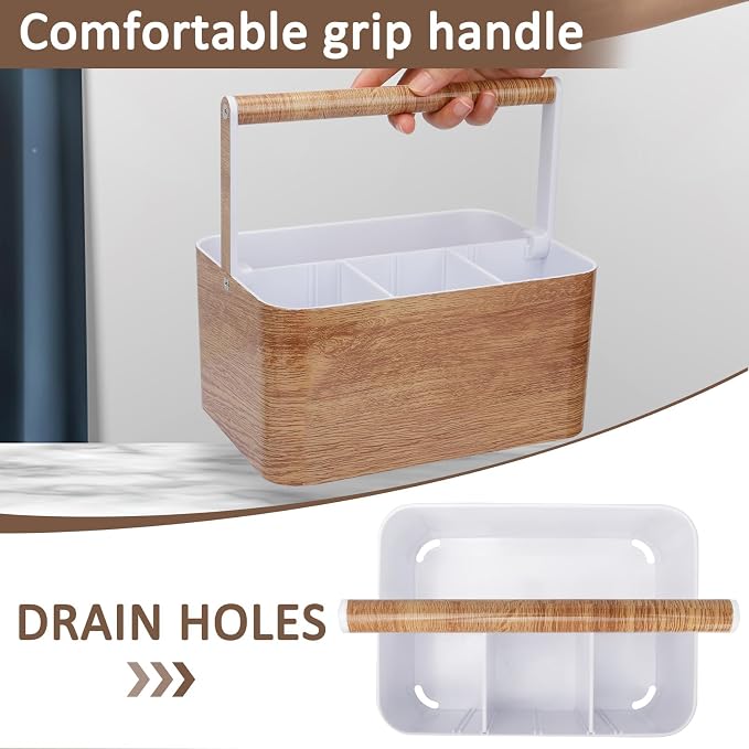BYUNER Shower Caddy Portable for College: Devided Bathroom Caddy Shower Basket for Dorm with Handle, Plastic Bathroom Counter Organizer Storage Tote Bin for Dorm,Kitchen,Cabinet, Wood Grain - Image 3
