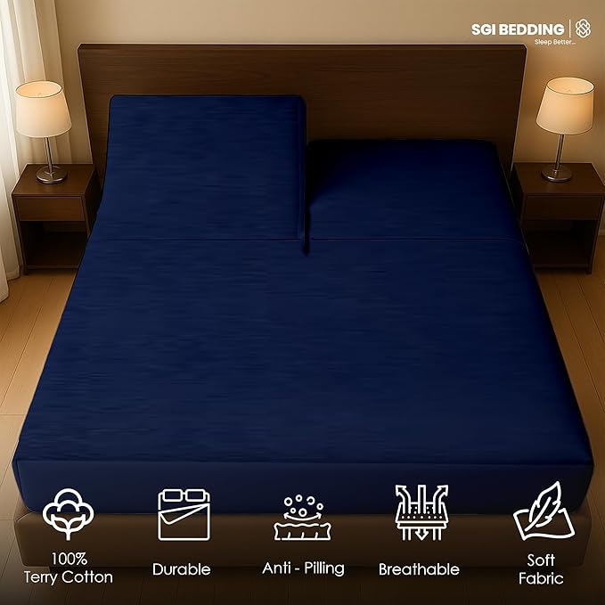 SGI bedding Waterproof Split Top King 78x80 Mattress Protector Pad Cover– 34" Top, 18" Deep Pocket Fitted Style, Soft Noiseless & Breathable Bed Cover for Adjustable Head Beds Navy Blue