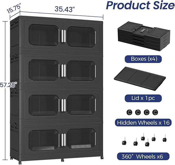 200Gal Extra Large Stackable Storage Bins with Lid & Wheels & Doors, 200QT/50GAL 4-Tiers Collapsible Closet Organizers Plastic Containers Drawers Boxes for Home Kitchen Bedroom, Black