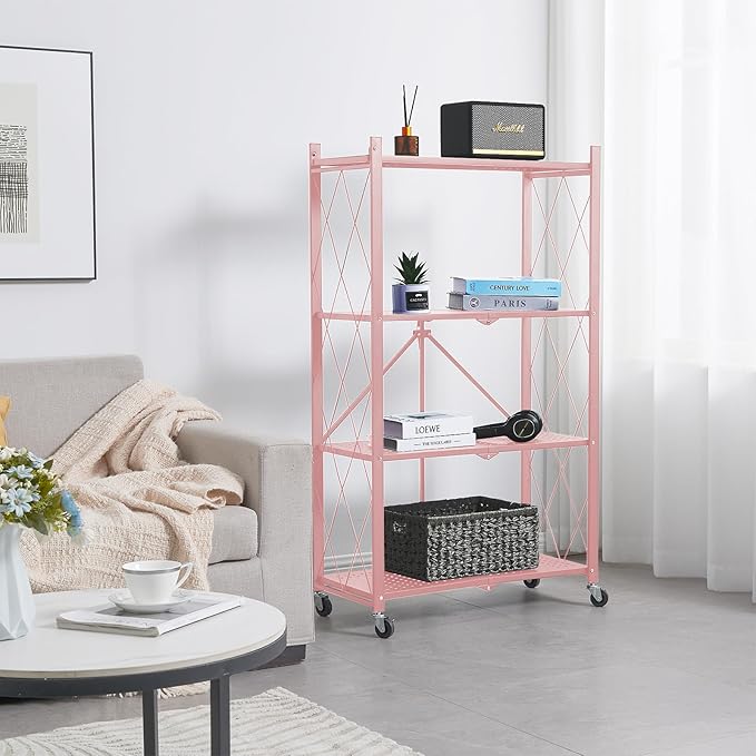 BRIAN & DANY 4-Tier Foldable Storage Shelves with Wheels, Folding Metal Rack Shelving Unit, Heavy Duty No Assembly Organizer Shelf for Garage, Kitchen, Basement, Pantry, Pink - Image 2