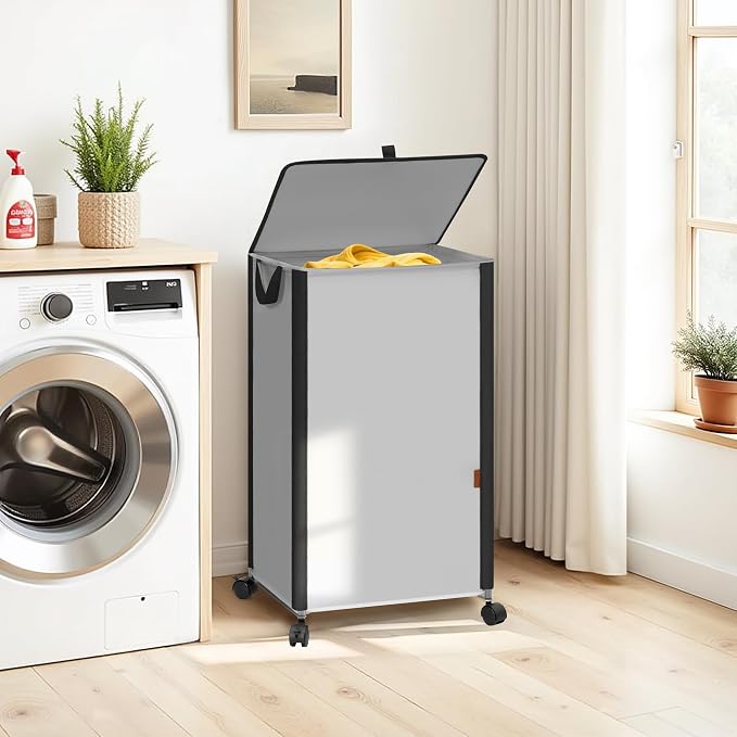 STORAGE MANIAC Rolling Laundry Hamper with Lid, 23.7 Gal (90 L) Large Tall Laundry Basket with Wheels & Handles, Aesthetic Dirty Clothes Hamper for Small Space, Dorm, Apartment, College, Gray - Image 6