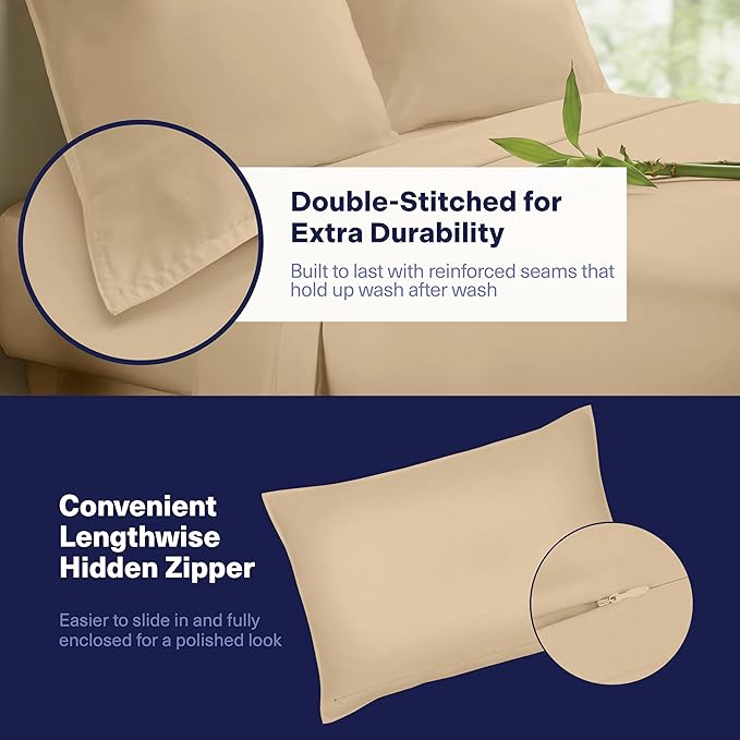 Kickoff Viscose Bamboo Sheets Short Queen Size 4-pc 100% Organic Bamboo Viscose Bed Cooling Sheets Short Queen Size Set Cool Bedding for hot Sleepers Sheet, Flat, Fitted, Pillowcases (Beige, SQ)