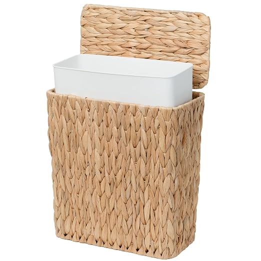 Coeusy 3 Gallon Wicker Trash Can,Small Bathroom Trash Can with Lid,Natural Water Hyacinth Wicker Waste Basket for Bedroom,Toilet,Narrow Garbage Can with Removable Liner by WEAVECOMFORTINTOEVERYCORNER