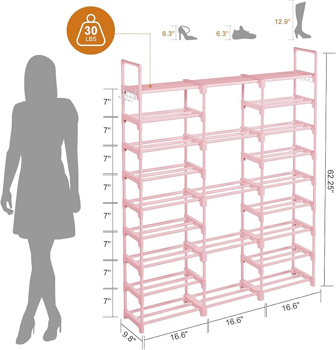 WOWLIVE 9 Tiers Shoe Rack Shoe Storage Shoe Organizer 50-55 Pairs Shoe Tower Unit Shelf Durable Metal Pipes with Plastic Connectors Stackable Cabinet Pink - Image 3