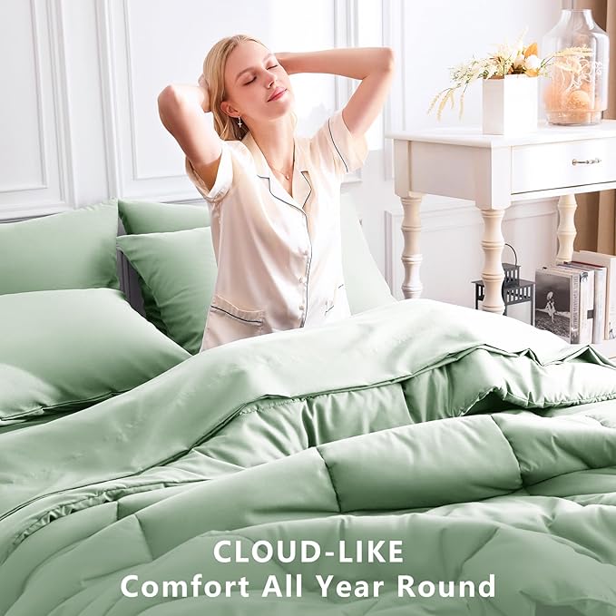 CozyLux Queen Comforter Set Sage Green, 7 Pieces Bed in a Bag, Green Comforter Queen Size, All Season Bedding Sets with Stitch Quilted Comforter, Flat Sheet, Fitted Sheet, Pillowcases