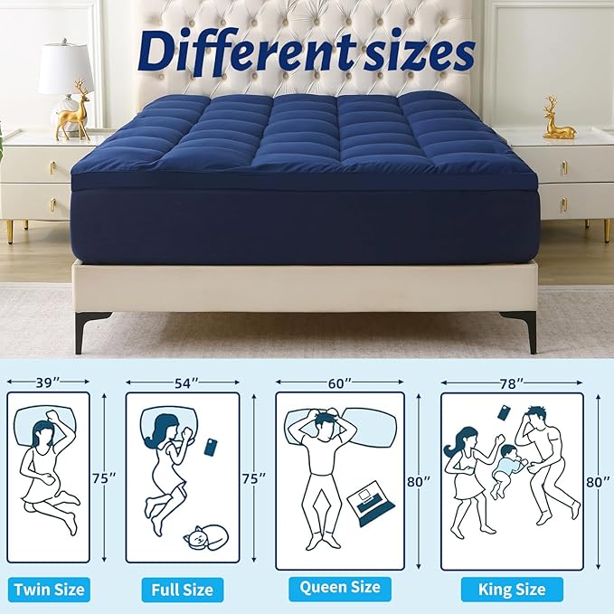 Thick Mattress Topper with Deep Pocket, Extra Pillow Top Mattress Pad, Breathable & Cooling Mattress Cover, Fits 8-21 Inch, Soft Support for Back Pain Relief, Mattress Protector (Full, Navy Blue)