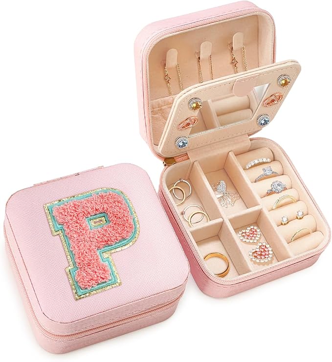SANDJEST Personalized Jewelry Box, Pink Travel Jewelry Box with Initial P, Small Monogrammed Jewelry Case Organizer for Girls Women Teen Kids, Mini Travel Essentials Gifts for Birthday Christmas by SANDJEST