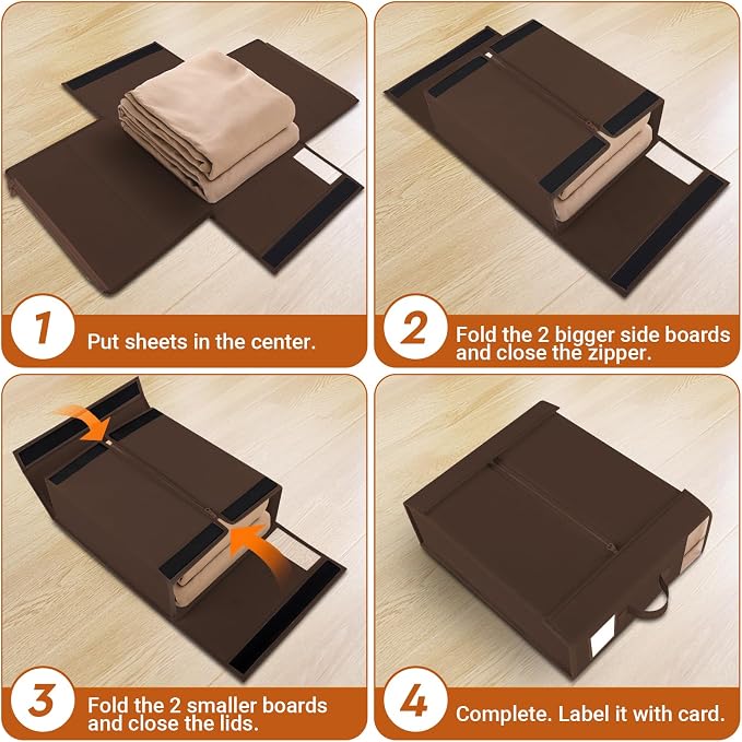 StorageTastic 8 Pack Bed Sheet Closet Organizers and Storage,Sturdy Foldable Storage Containers with Window and Label,Storage and Organization for Bedding Sheets,Duvet Covers,Blankets (Brown) - Image 4