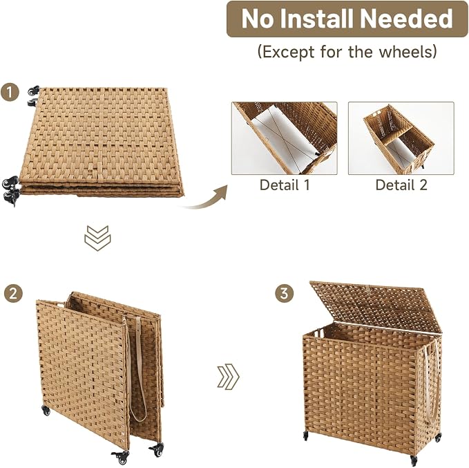 Laundry Hamper with Wheels, 34.3 Gallon(130L) Rolling Laundry Basket with Lid, 3-Section Rattan Clothes Hamper with 3 Removable Liner & 3 Mesh Bags, Laundry Sorter with Side Pocket, Natural - Image 8