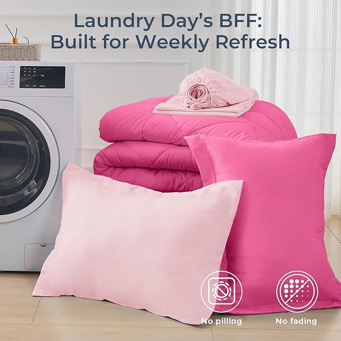 HEVUMYI Hot Pink & Baby Pink Twin Comforter Set - 5-Piece All Season Bed in a Bag Twin, Ultra Soft Bedding Set with Comforter, Flat Sheet, Fitted Sheet, Pillowcases, Pillow Shams