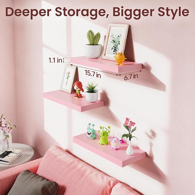 BAYKA Pink Floating Shelves for Wall Set of 3, 15.7in Wood Wall Shelves for Bathroom, Bedroom, Living Room Decor Organize, Hanging Shelf for Books/Storage/Display with 22lbs Capacity - Image 3
