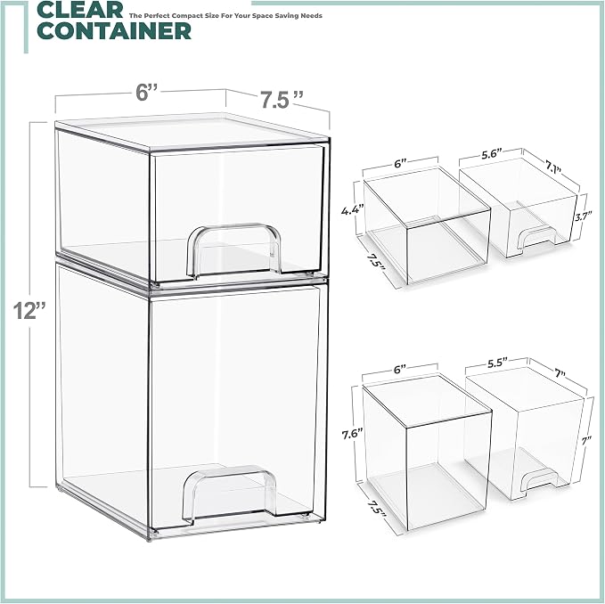 Sorbus Stackable Acrylic Storage Drawers, 2 Pack Clear Plastic Organizer Bins for Baby Bottles, Makeup, Bathroom, Vanity & Countertop Organization, Pull-Out Drawer Design for Cabinets & Pantry - Image 3