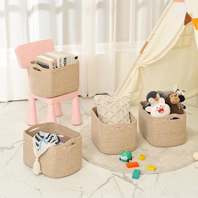 ICERZCZ Storage Baskets for Organizing & Shelves, Woven Cotton Rope Organization Bins for Dog Toys, Clothes, Books, Nursery Organizer, 15" Lx11''Wx9.5''H, (4 Packs) Brown - Image 8