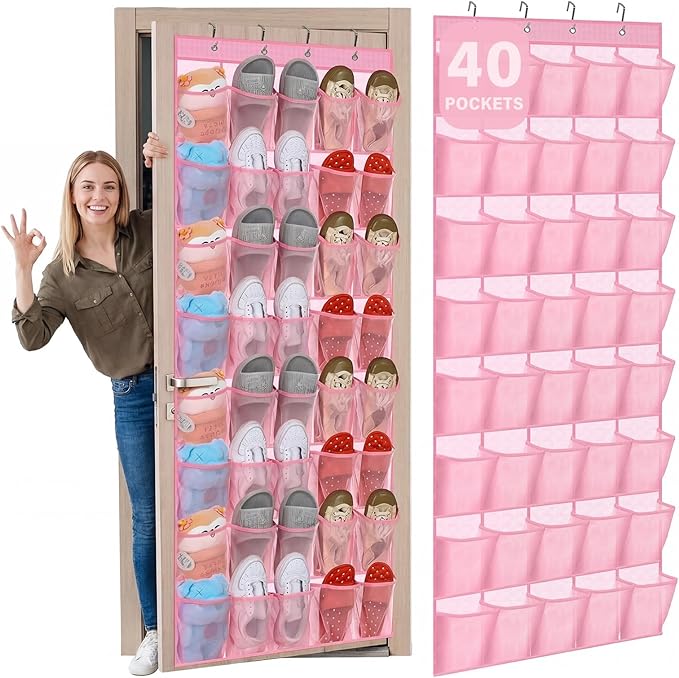 Windyun 40 Over the Door Shoe Organizer Large Breathable Mesh Pockets Pink Hanging Shoe Rack for Closet Behind Door Hanger Storage Holder Nonslip Hooks for Women Entryway Bedroom Utility Room by Windyun