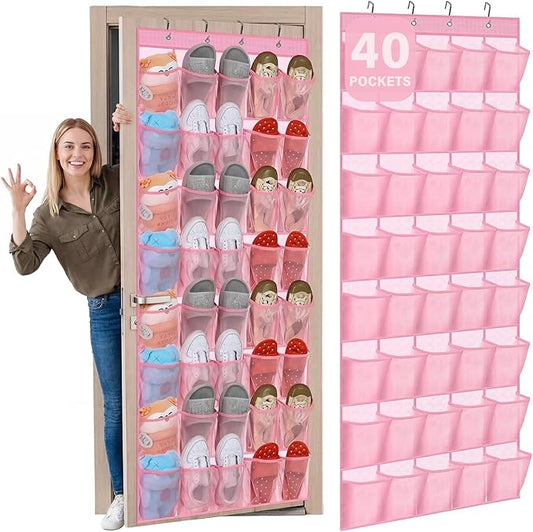 Windyun 40 Over the Door Shoe Organizer Large Breathable Mesh Pockets Pink Hanging Shoe Rack for Closet Behind Door Hanger Storage Holder Nonslip Hooks for Women Entryway Bedroom Utility Room by Windyun
