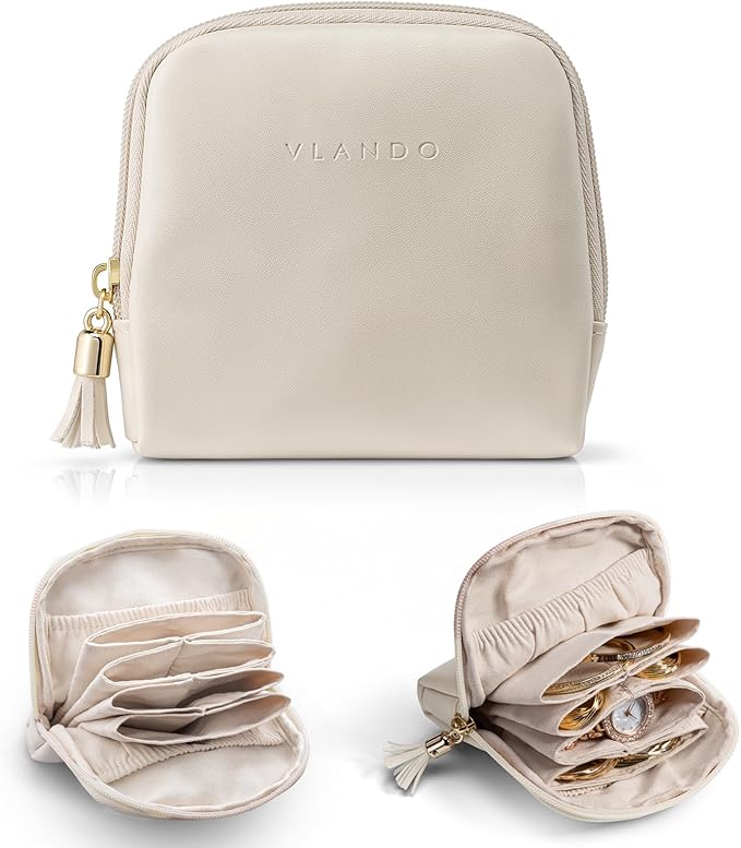 VLANDO Small Travel Jewelry Case,Mothers Day Gifts,Jewelry Pouch Bags with Zipper,Velvet Jewelry Organizer Storage Bag for Bracelet Rings Earring-Cream White by VLANDO