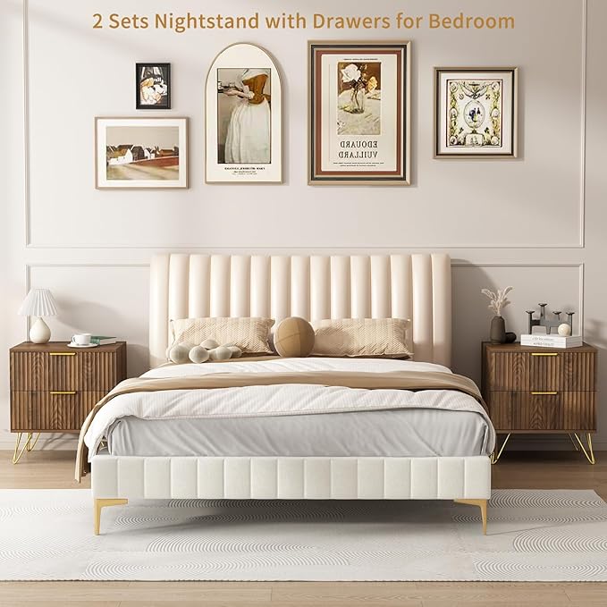8 Drawer Dresser and Nightstand Sets for Bedroom, 3 Pcs Bedroom Set，Night Stand Set of 2 & 8 Drawer Dresser with Gold Handles, Modern Wood Chest of Drawers Storage Cabinet Set, Natural
