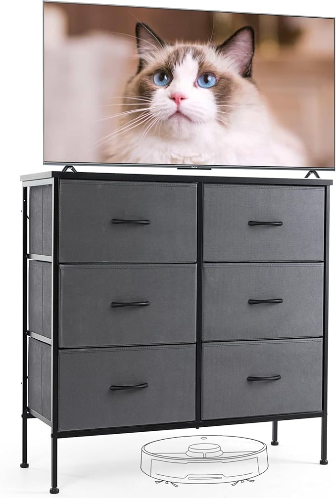 Sweetcrispy Dresser for Bedroom with 6 Storage Drawers, Fabric Storage Tower Organizer, Chest of Drawers with Metal Frame Wooden Top for Closet, Living Room, Entryway, Grey