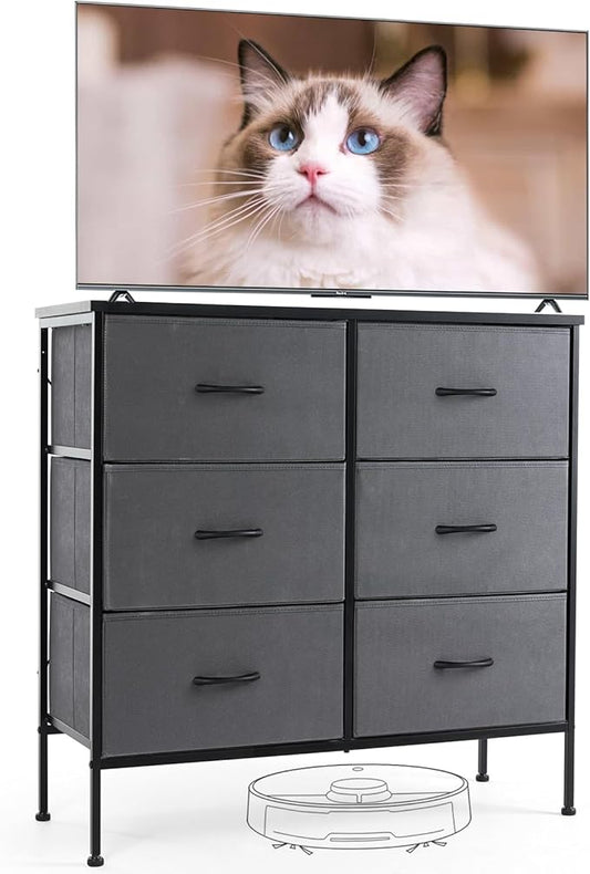 Sweetcrispy Dresser for Bedroom with 6 Storage Drawers, Fabric Storage Tower Organizer, Chest of Drawers with Metal Frame Wooden Top for Closet, Living Room, Entryway, Grey