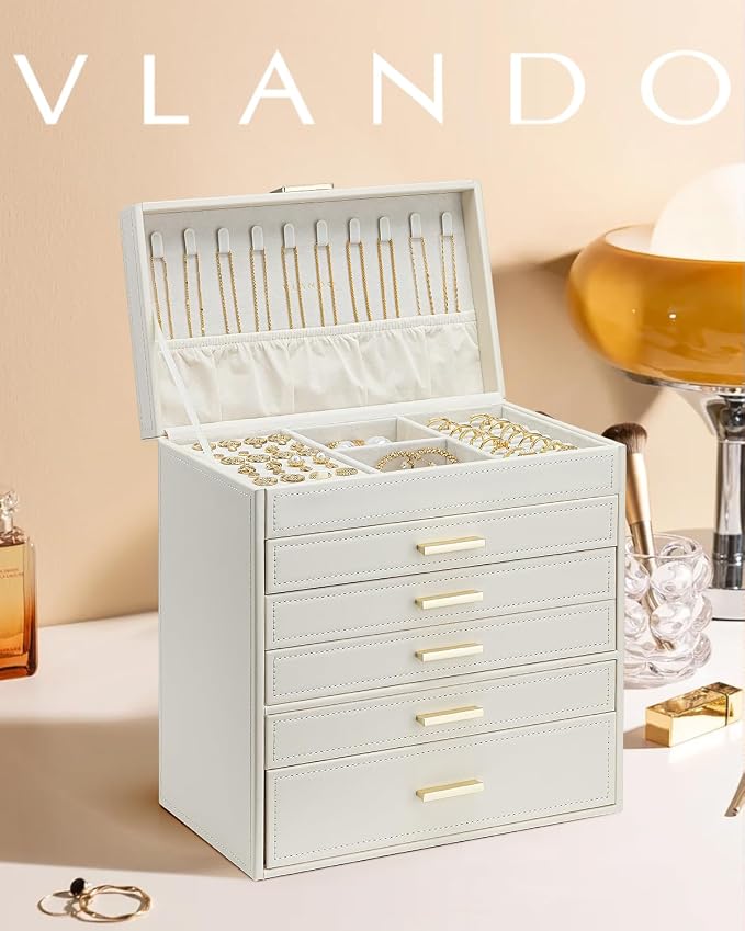 VLANDO 6 Layer Large Jewelry Box - Jewelry Holder Organizer, Jewelry Box Organizer for Drawer Necklace Ring Bracelet and Watch, Birthday Gift for Loved Ones - Beige - Image 7