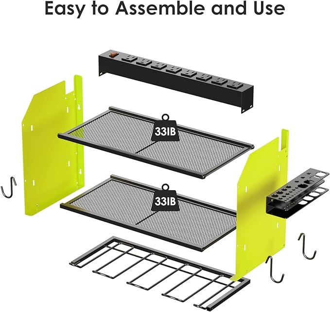 CCCEI Modular Power Tool Organizer Wall Mount with Charging Station. Garage Drill Storage Shelf with Hooks, Heavy Duty Rack, Tool Battery Holder Built in 8 Outlet. Gift for Men. Green, 2 Pack. - Image 7