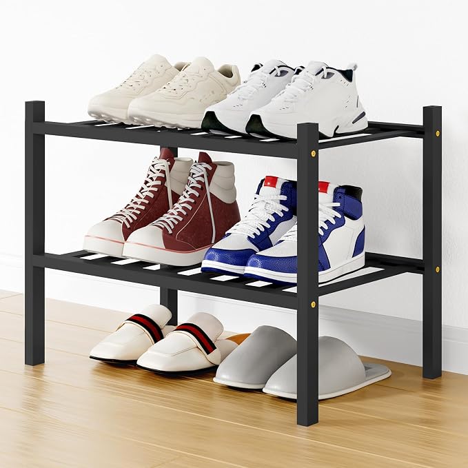 Smiry Shoe Rack, 2 Tier Small Bamboo Shoe Organizer, Stackable Free Standing Wooden Shoe Storage Shelf for Closet, Entryway, Front Door Entrance, Black by Smiry