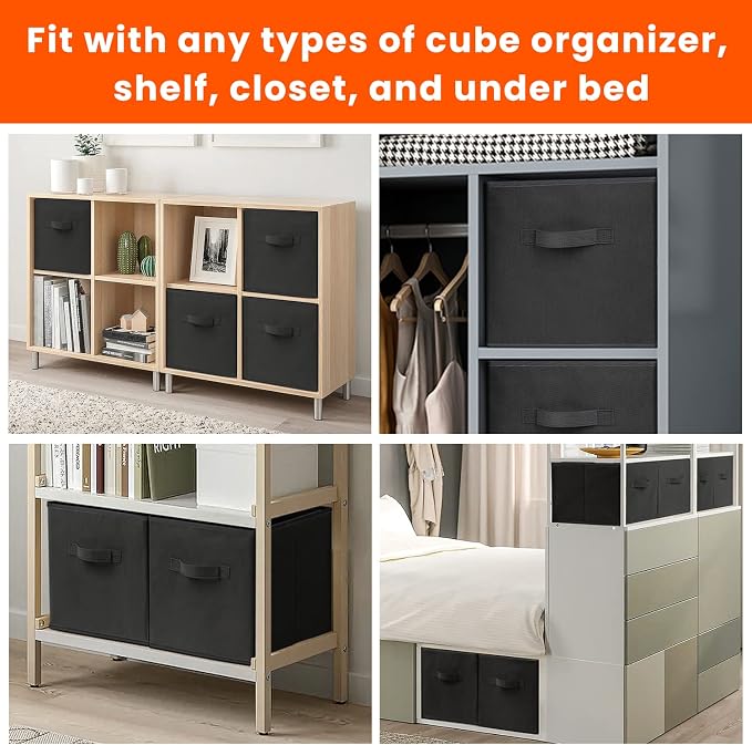 Criusia Large Storage Cubes - 13 Inch Heavy Duty Fabric Storage Bins for Shelves Closet, Cube Organizer - 8 Pack Collapsible Cube Storage Bins Baskets for Organizing Clothes Blankets Toys (Black) - Image 6