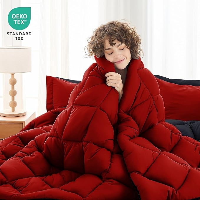 MUXHOMO 5 Pieces Twin XL Comforter Set, Reversible Bed in a Bag Twin XL Size, All Season Bedding Set with Comforter, Flat Sheet, Fitted Sheet, Pillowcases & Shams, Red & Black