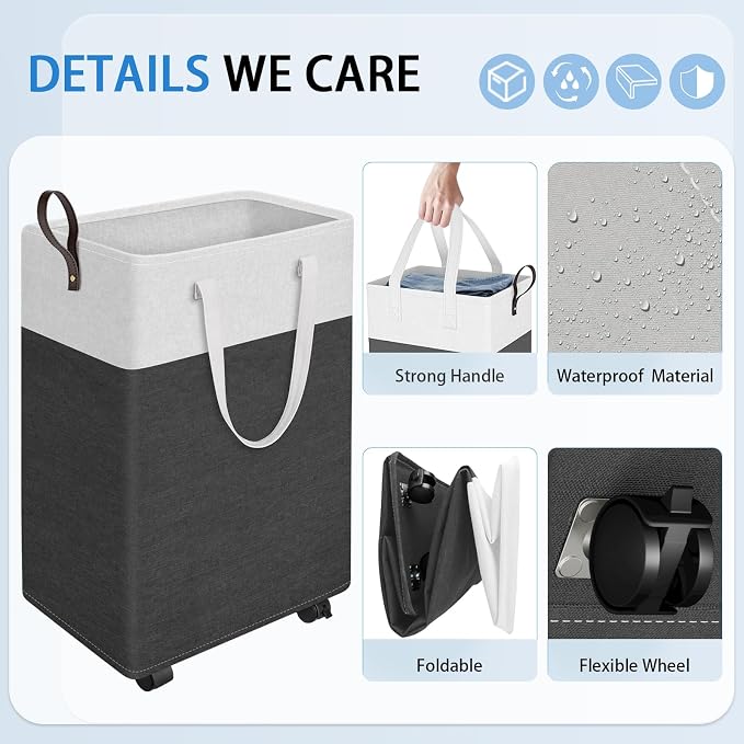 HomeHacks Laundry Basket with Wheels, Rolling Laundry Hamper, Collapsible & Waterproof Clothes Hamper, Narrow Corner Bins with Extended Handles in the Family & Dorm 90L(Grey) - Image 3