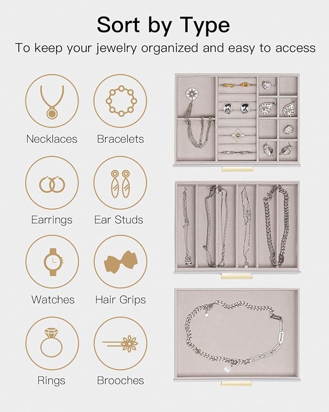 VLANDO Jewelry Box for Women, Glass Lid Jewelry Organizer with 3 Drawers for Necklaces Rings Earrings Bracelets - Grey - Image 3