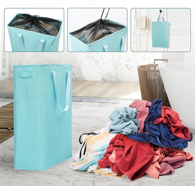 Odonata Slim Laundry Hamper Handles Collapsible Laundry Basket Thin Dirty Clothes Basket Narrow Laundry Bag Foldable Dirty Hamper 45L (Baby Blue) - Image 7