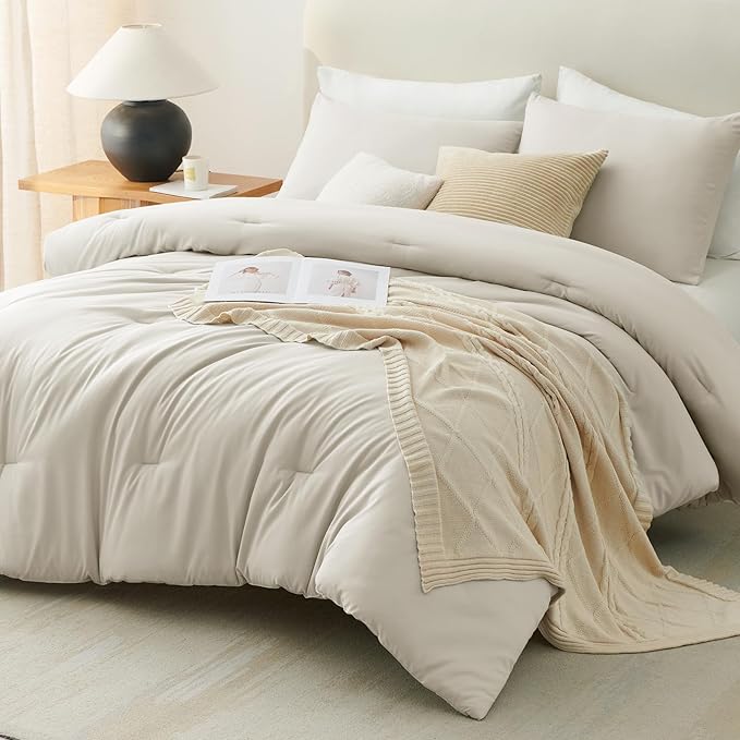 CozyLux Oversized King Comforter Set Beige, 3 Pieces 120x98 Solid Breathable Quilted Bedding Sets for All Seasons, Luxury Soft Lightweight Bed Set with Down Alternative Comforter and 2 Pillowcases