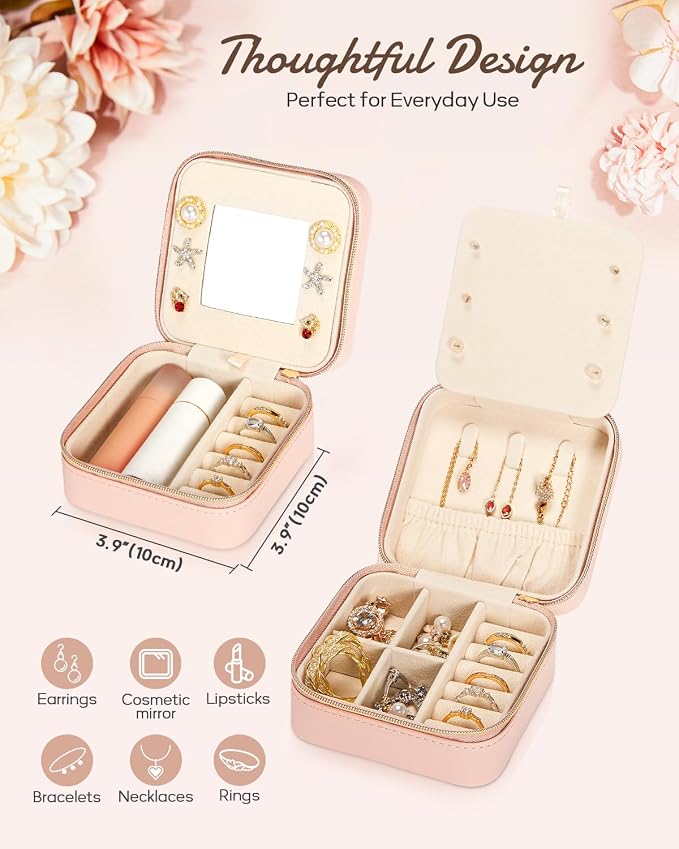 Enthralite Travel Jewelry Box for Girls: Traveling Jewelry Case Gift for Women - Mini Organizer for Necklaces Earrings Pink T - Image 3