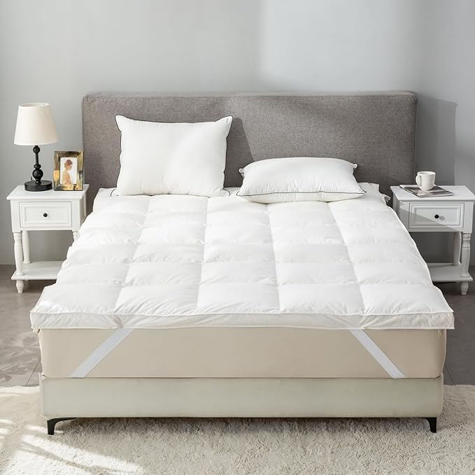 Goose Down Feather Mattress Topper, Full Down Mattress Protector Cover with Straps,Plush Soft Fluffy Baffled Pillowtop, Hypoallergenic Featherbed Cooling Pad All-Season Luxury(54X75 inch)