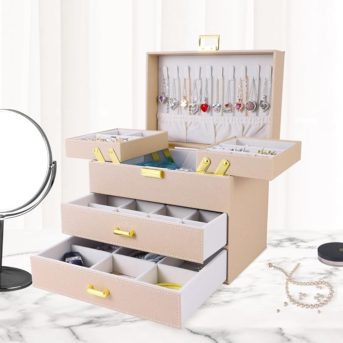 Dajasan Jewelry Organizer Box, Jewelry Holder Organizer Box, PU Leather Jewelry Box, Gift Idea for Valentine's Day, Birthday, Mother's Day, Christmas (Champagne) - Image 6