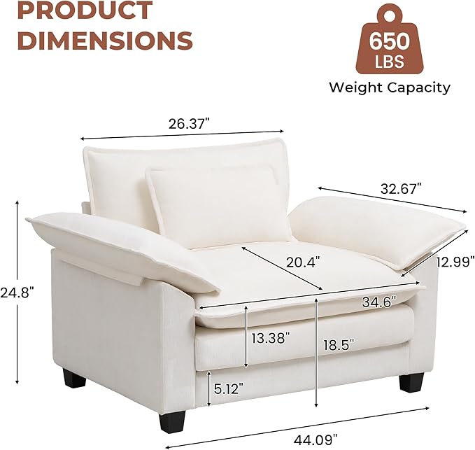 Oversized Accent Chairs Set of 2,44 inch Modern Living Room Chairs,Chenille Upholstered Cloud Sofa Chair Armchair with Extra Thick,Comfy Accent Chair Reading Chairs for Bedroom Apartment White