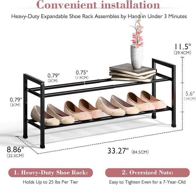 Bumusty 2 Tier Expandable Shoe Rack for Closet, 18“-33” Adjustable Shoe Rack for Small Space, Small Shoe Organizer for Front Door, Sturdy Metal, Black - Image 3