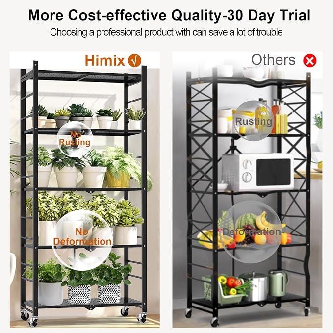 Himix Storage Shelves with 20 Hooks, 5-Tier Collapsible Organization Storage Rack Bookshelf Folding Pantry Shelves Cube Shelf Wire Shelving Holds 440 Ibs for Garage Kitchen Room, Black - Image 7
