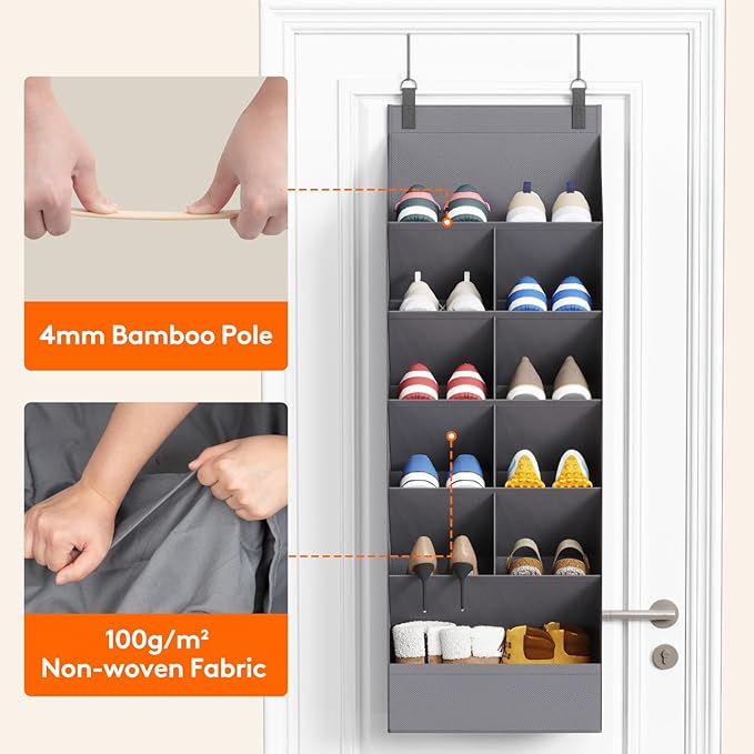 Lifewit 6 Tier Over the Door Shoe Organizer with 11 Large Deep Pockets, Fabric Hanging Shoes Shelf for Closet, Dorm Storage, Fit Up to 12 Pair Shoe Rack Holder for Sneakers, Boots, Gray - Image 5