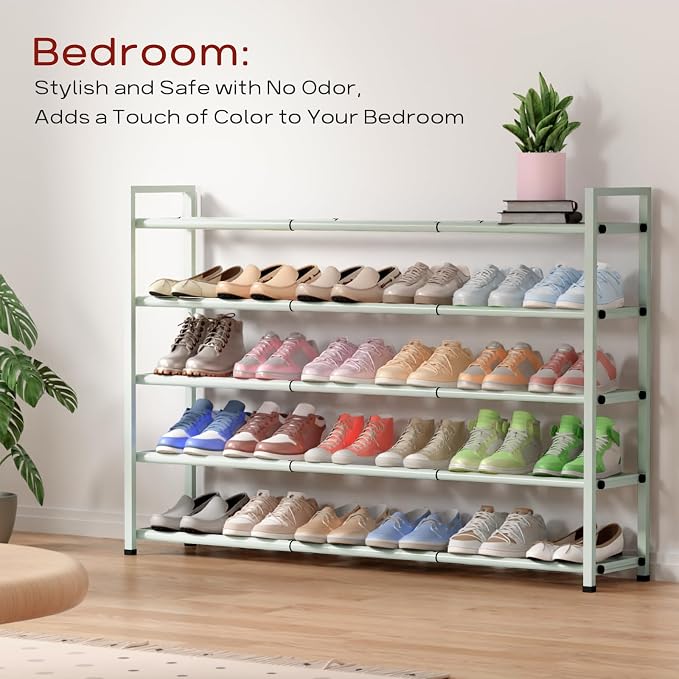 Bumusty 5-Tier Long Expandable Shoe Rack for Closet, 18"-44" Adjustable Shoe Rack for Entryway, 25-30 Pairs Large Shoe Organizer Shelf Storage, Sturdy Metal, Green - Image 6