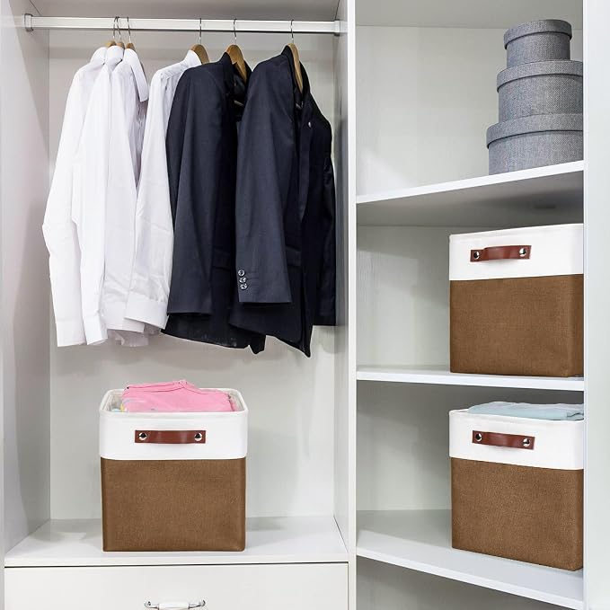 Bagnizer Collapsible Fabric Storage Cubes 11x11 Cube Storage Bins, 4 Pack Closet Baskets Box with Handles for Organizing, Shelf, Toys, Clothes, Home, Office, Nursery (Brown&White) - Image 3