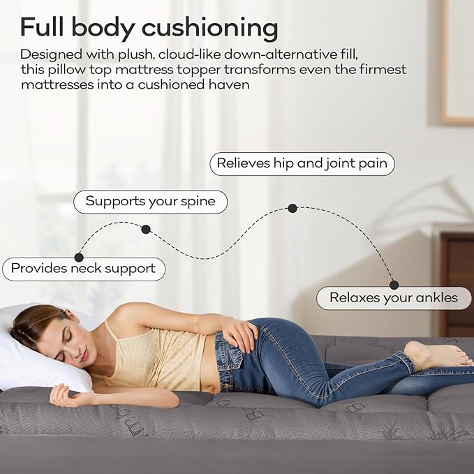 OLANLY Queen Mattress Topper – Viscose Made from Bamboo, Cooling Soft Queen Pillow Top Mattress Pad for Back Pain Relief, Plush Down Alternative Fill Bed Topper with Elastic Deep Pocket, Light Gray