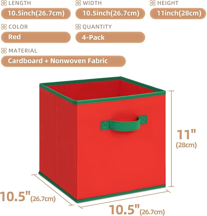 STORAGE MANIAC Storage Cubes, 11 Inch Durable 4 Pack Storage Shelf Basket for Christmas, Fabric Foldable Collapsible Bins with Handles for Organization, Closet, Shelves, Offices, Toys, Red - Image 8