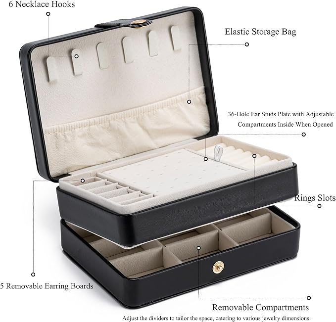 MODENGKONGJIAN Jewelry Organizer Box, 2-Layer Large Jewelry Storage Case, Portable Travel Jewelrys Display Holder for Earrings, Necklaces, Bracelets (Black, PU Leather) - Image 3